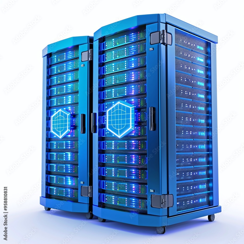 Poster modern blue server racks illuminated with neon lights, representing data storage, cloud computing, a