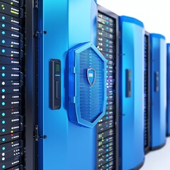 Modern data center server racks with advanced cybersecurity features, illuminated in blue lights for high-tech computing and data protection.