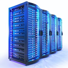 Modern data center server racks with blue LED lighting, showcasing advanced technology for efficient data management and storage.