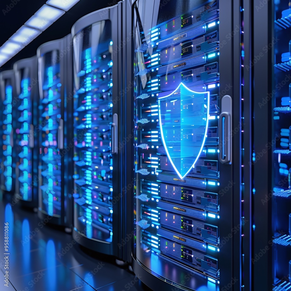 Poster modern data center with glowing servers and a digital shield icon, representing cybersecurity and da