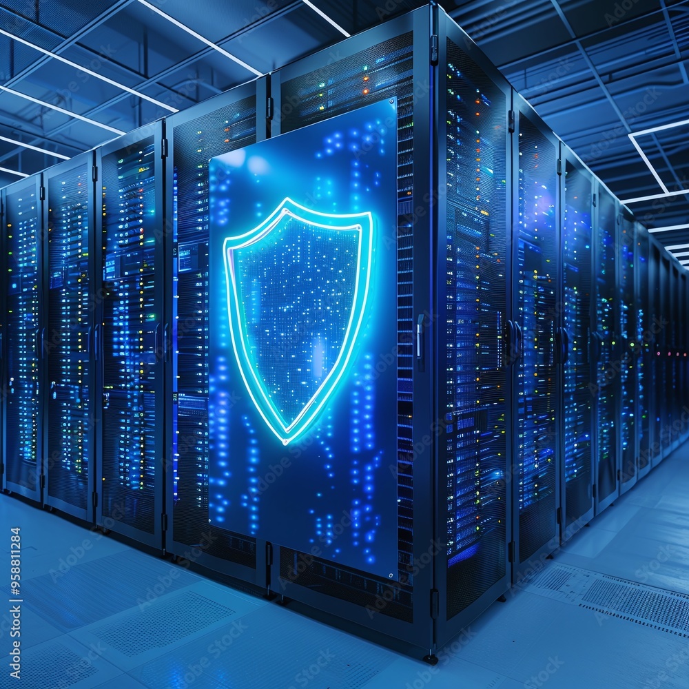 Poster modern data center with high-tech servers and digital security concept. blue neon shield icon symbol