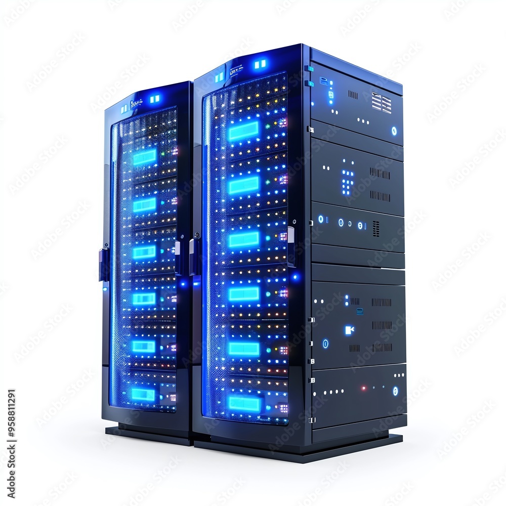Poster modern data center with illuminated server racks showcasing advanced technology and efficient data s