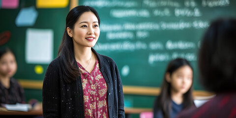 Asian woman, teacher, instructing multicultural classroom.