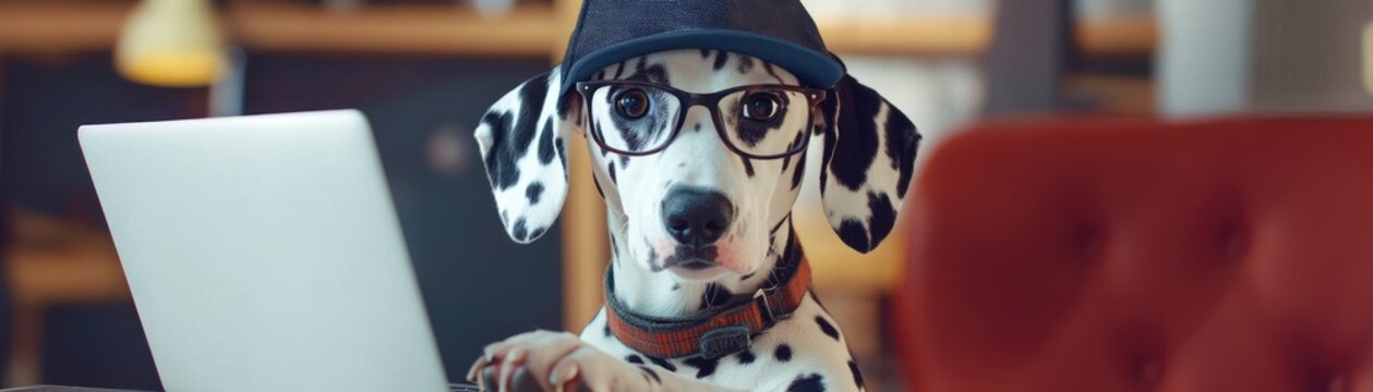 Energetic Dalmatian in a cap and glasses, paws on the keyboard, immersed in coding on a laptop