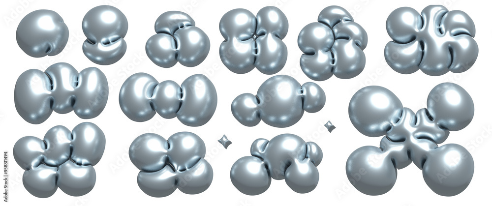Poster 3d chrome abstract liquid shapes set, inflated metal objects collection. realistic y2k holographic f