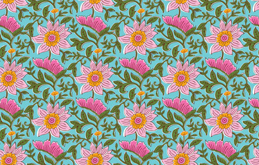 HAND DRAWN SUNFLOWER WITH LEAVES SEAMLESS INDIAN PATTERN DIGITAL CONTEMPORARY PRINT