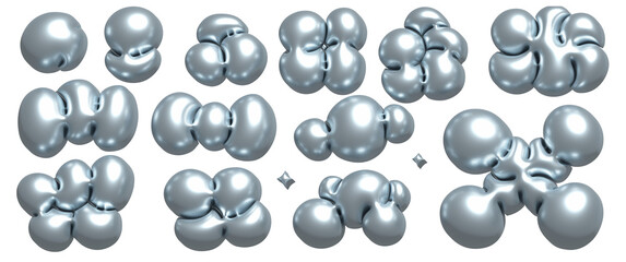 3D chrome abstract liquid shapes set, inflated metal objects collection. Realistic y2k holographic fluid elements for modem futuristic design aesthetics. Raster 3d render