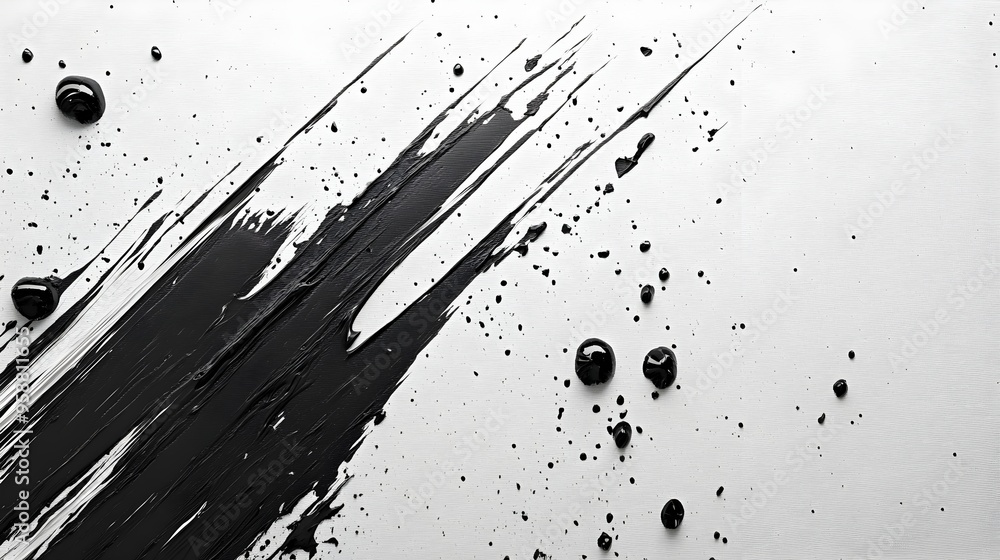 Poster bold black diagonal stripe with abstract splatter pattern on white canvas