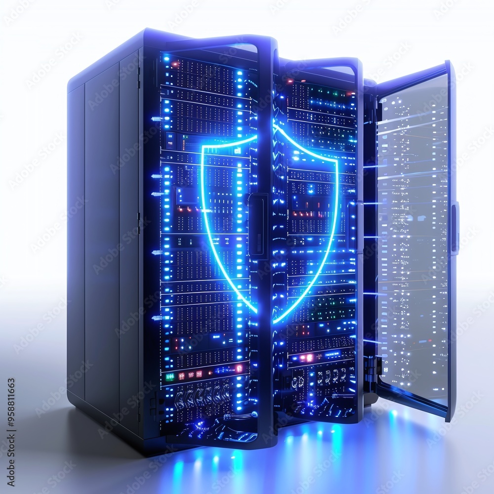 Poster modern data servers with a glowing shield symbol representing cybersecurity, data protection, and te