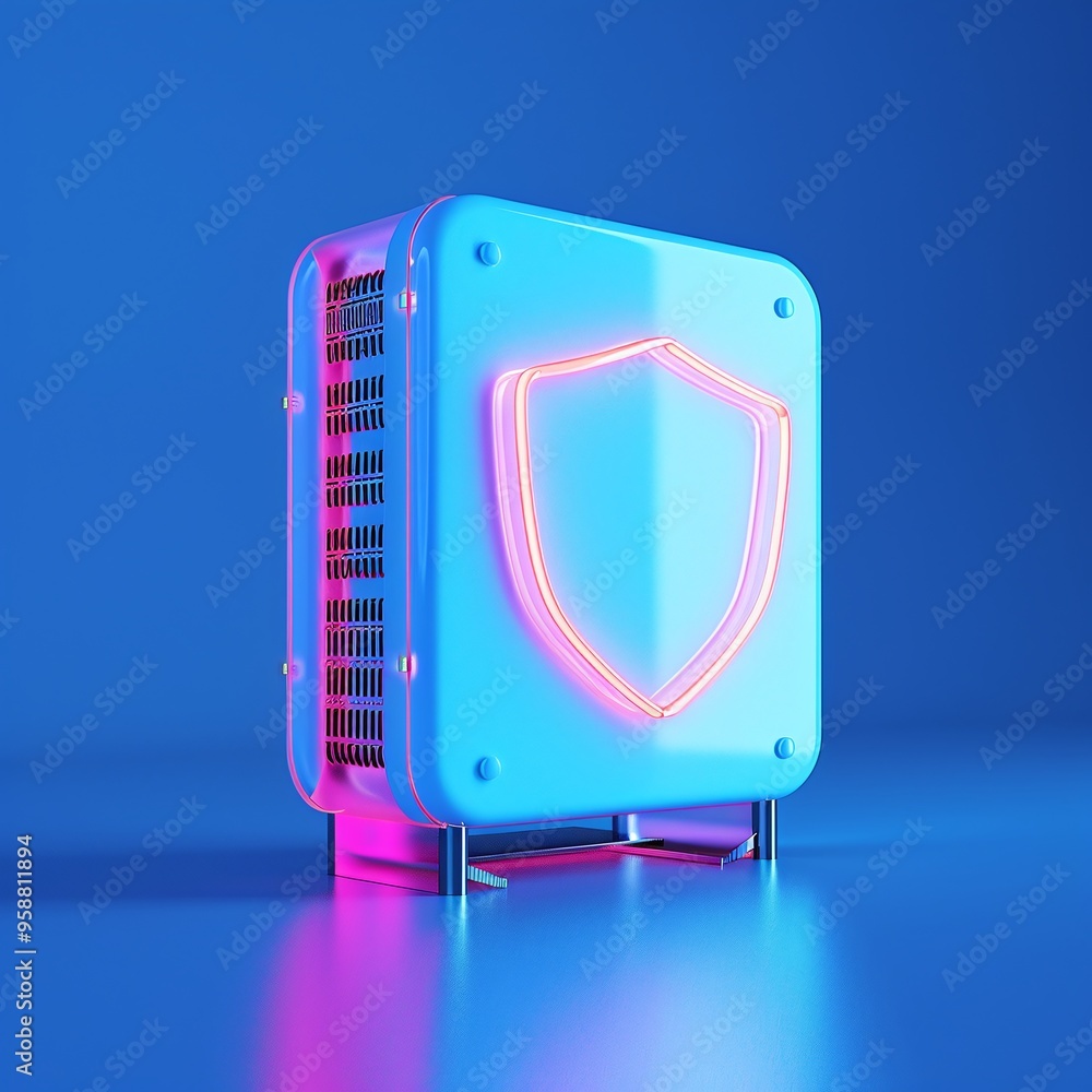 Poster modern futuristic server with neon shield icon representing data security and protection on a blue b
