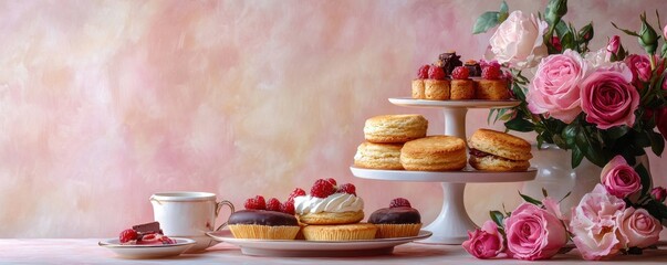 A charming tea party setup featuring various pastries, raspberry-topped cakes, tea in glass and porcelain teapots, and blooming pink roses.