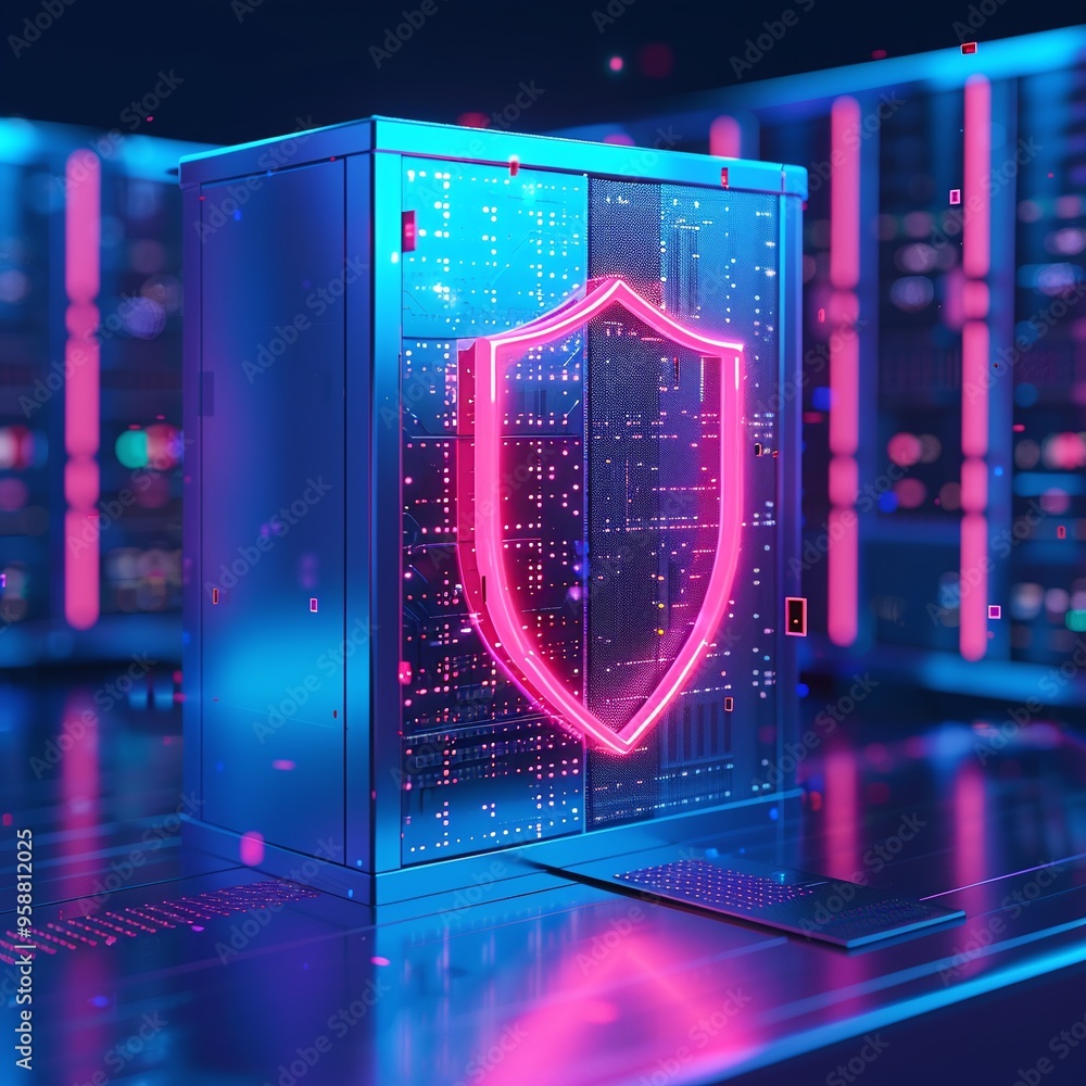 Poster modern server room with a glowing shield icon representing cybersecurity and data protection in a fu