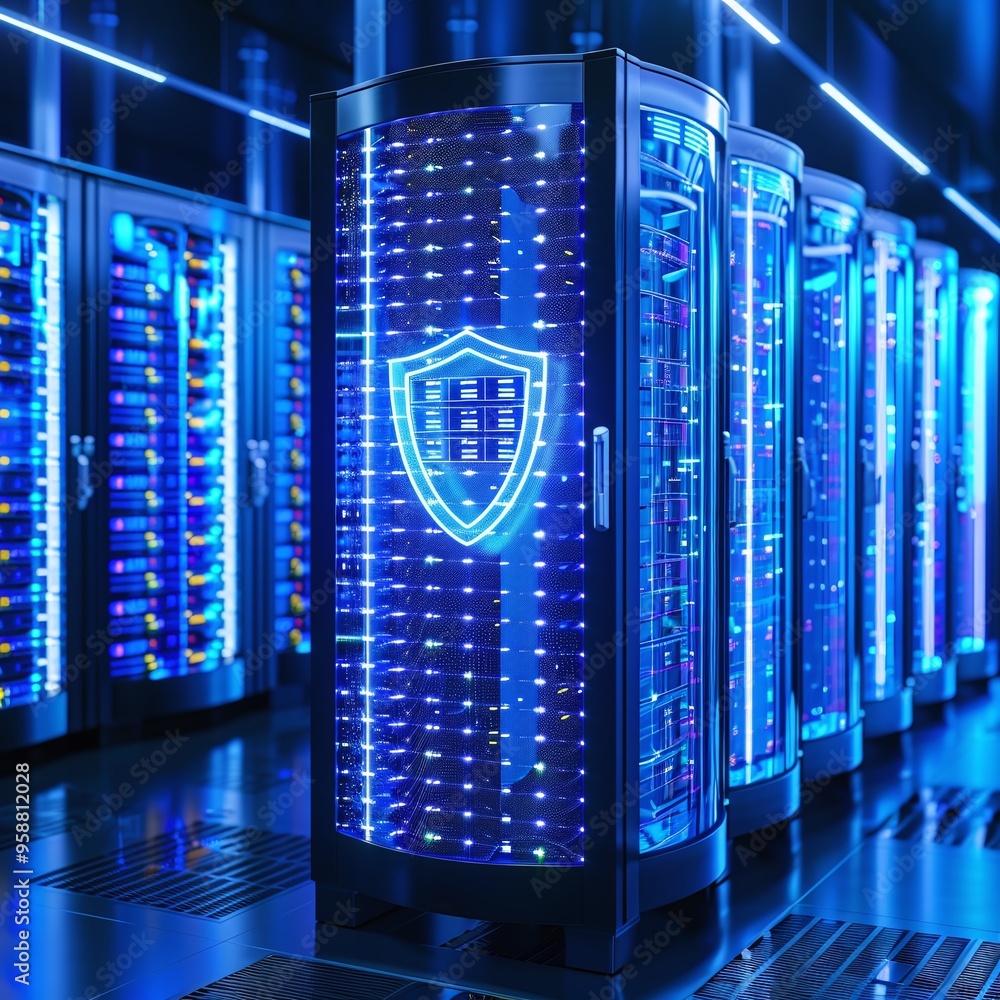 Poster modern server room with illuminated servers and cybersecurity symbol, highlighting data protection a