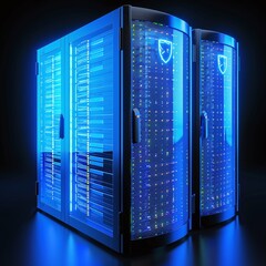 Modern server racks with blue LED lights, showcasing advanced data storage technology in a secure, illuminated data center environment.