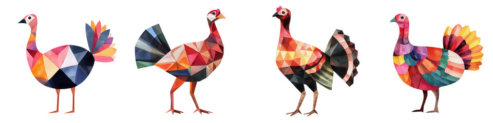 Fototapeta premium Colorful geometric turkeys in a vibrant collection, showcasing artistic designs and styles for festive themes or farm illustrations.