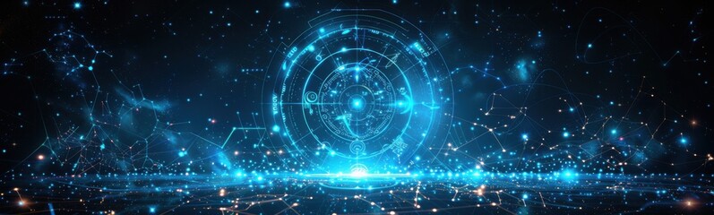 A brightly lit abstract image of a futuristic space with a clock, banner, copy space