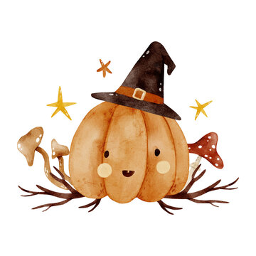 recommend clip art: A cute pumpkin with a witch's hat, a branch, a flyswatter, a grebe. Cute characters for Halloween. Clipart for card, greetings, invitations, stickers