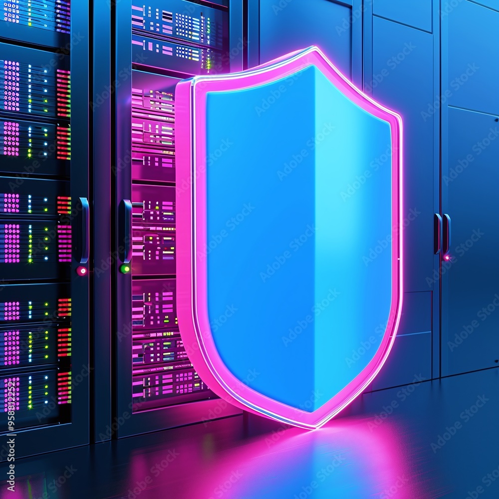 Poster neon shield icon in front of server racks representing cybersecurity, data protection, and secure se