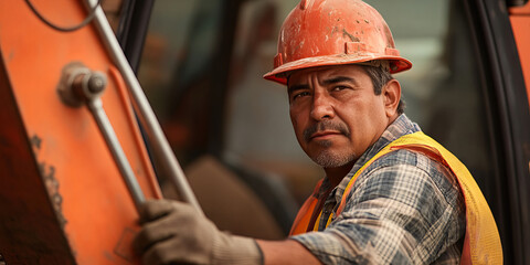 Hispanic man, construction worker, operating heavy machinery.