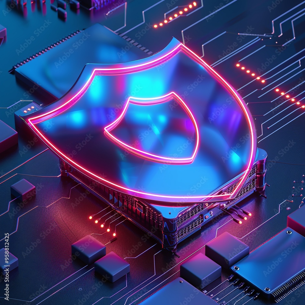 Poster neon shield on a digital circuit board representing cybersecurity and technology protection in a fut