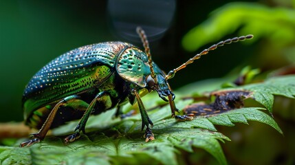 Fototapeta premium A close-up of a bright green and iridescent beetle perched on a green leaf with a blurred background.