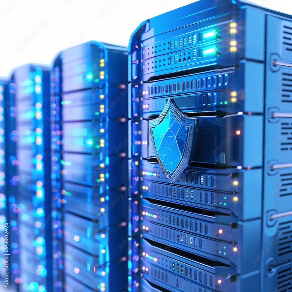 Poster row of secure data servers with blue lights and a shield icon, representing data protection and cybe