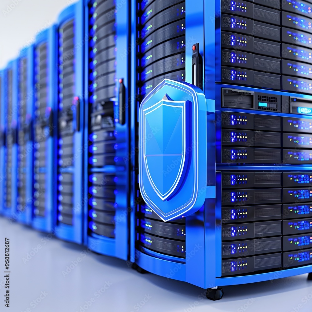 Poster secure data center with blue servers and protective shield icon, representing cybersecurity and data