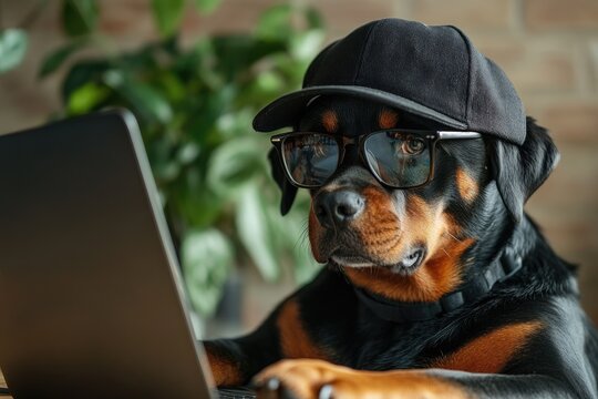Rottweiler in techy glasses and a snapback cap, deeply focused on a coding project on a sleek laptop