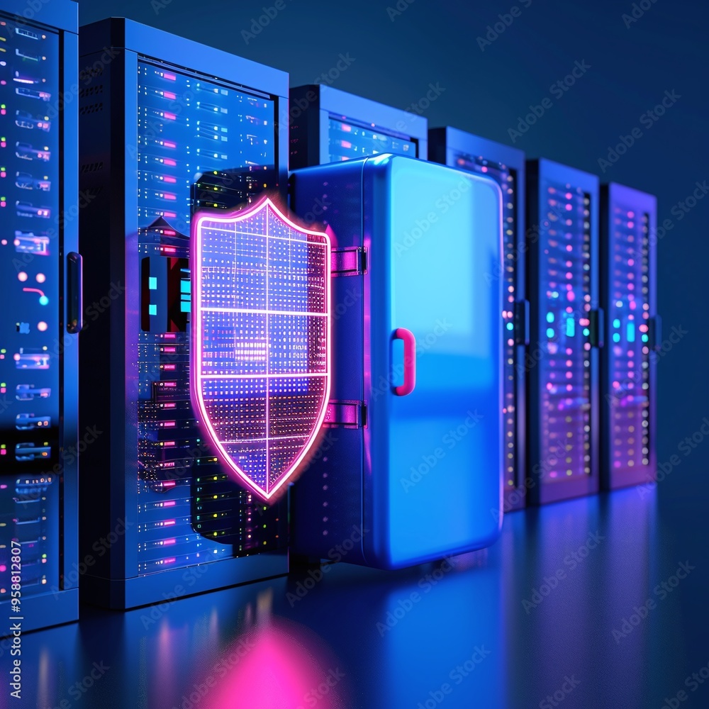Poster secure data center with servers, glowing shield symbolizing cybersecurity and protection. modern tec