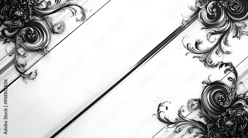 Poster elegant victorian inspired abstract geometric patterns on white background with thin black diagonal 