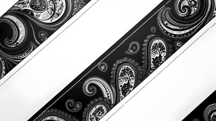 Elegant Monochrome Paisley Pattern on White Backdrop with Black Diagonal Stripe