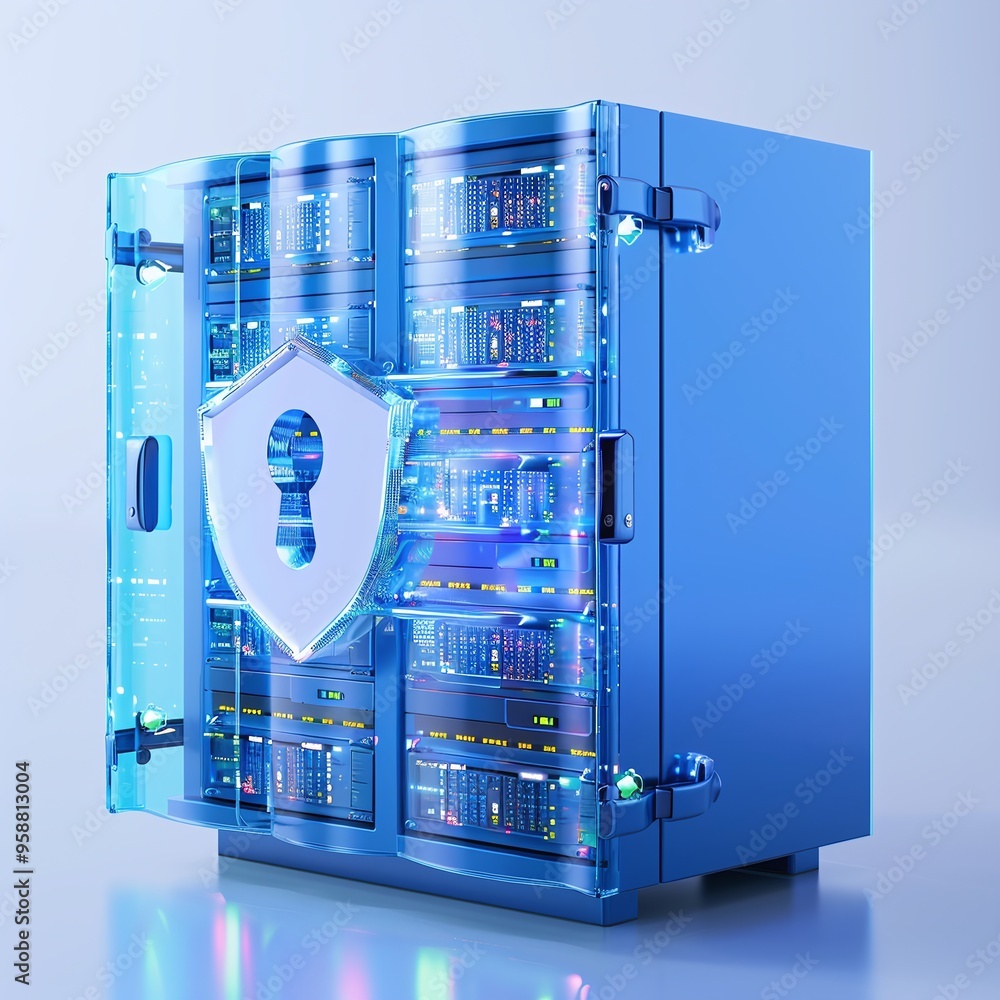 Poster secure data server with a shield lock icon, representing cybersecurity and protection of information