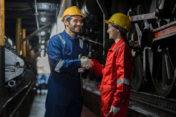 Engineer checking construction process railway and checking work on railroad station . Railway...