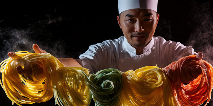 Asian man, chef, showcasing colorful, delicate pasta dish.