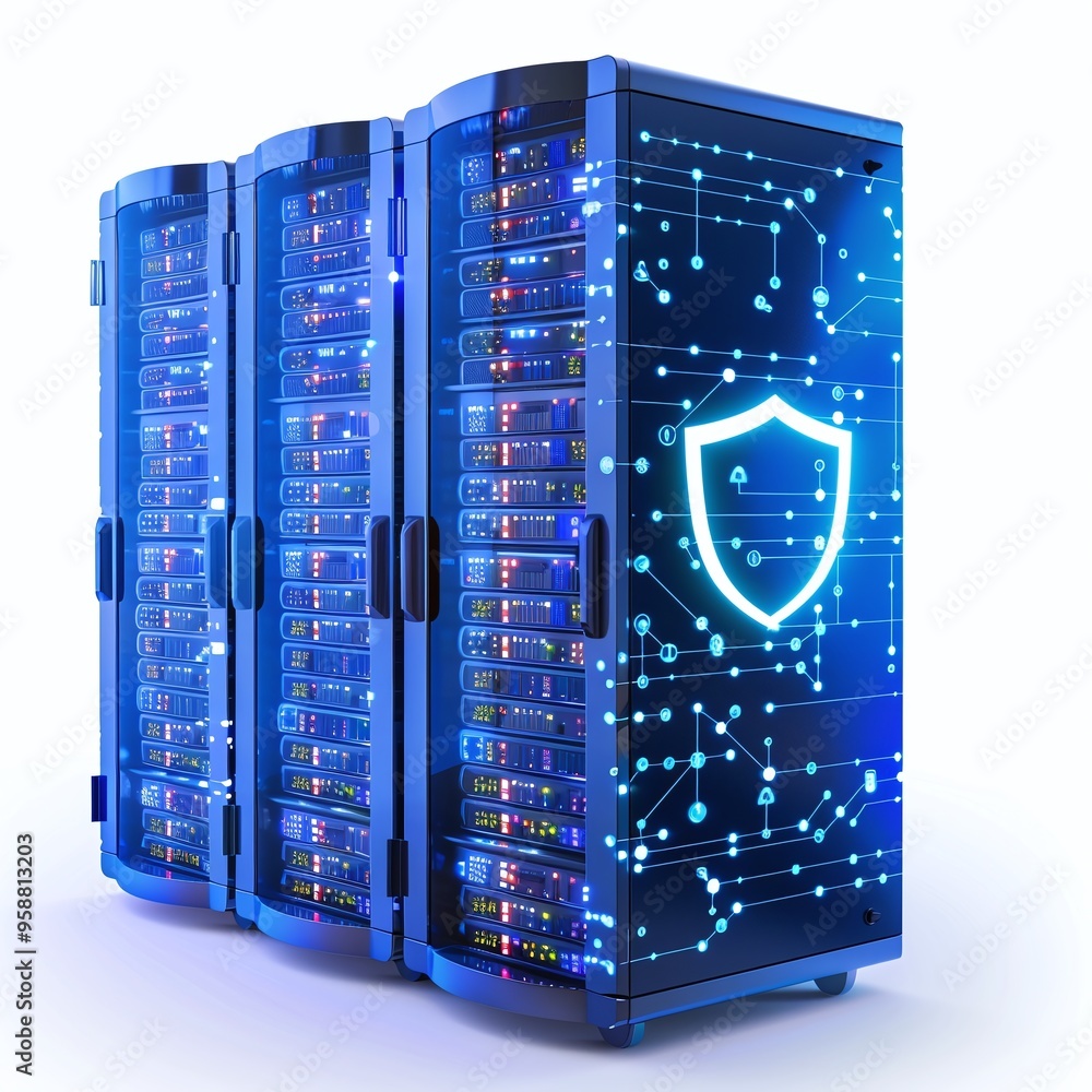 Poster secure data servers with blue lighting and cybersecurity shield, representing data protection and mo