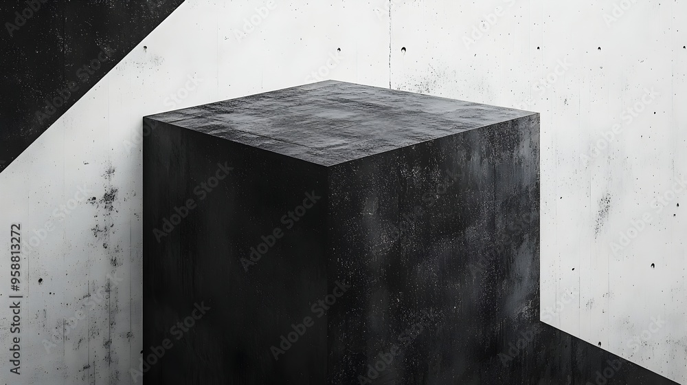 Aufkleber minimalist white background with bold black diagonal stripe and geometric cube pattern