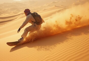 Sandboarding on golden dunes at sunset, great adventure in desert