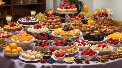 Fototapeta premium A table with many different kinds of cakes, pastries, and fruit.