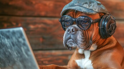 Boxer dog wearing aviator glasses and a military-style cap, intensely focused on a laptop screen