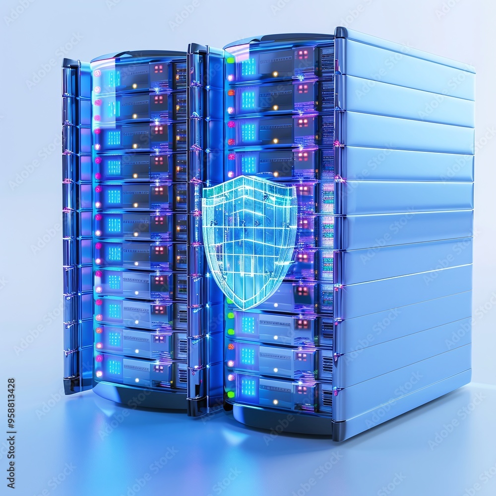 Poster secure data storage concept featuring servers and a digital shield symbolizing protection and cybers