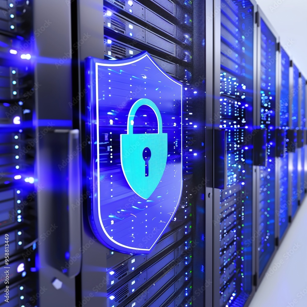 Poster secure digital data center with glowing blue lights and a shield and lock symbolizing cybersecurity 