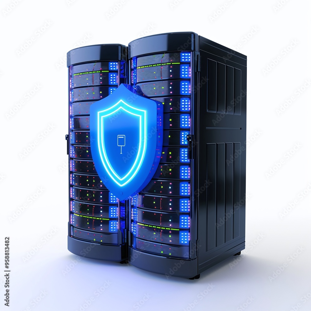 Poster secure server data storage with digital shield icon representing cybersecurity, data protection, and