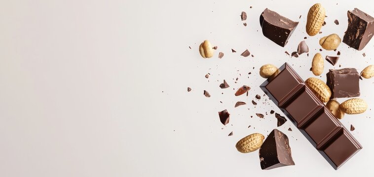 Floating chocolate bars with peanuts and shards of chocolate, isolated on white, 3D illustration