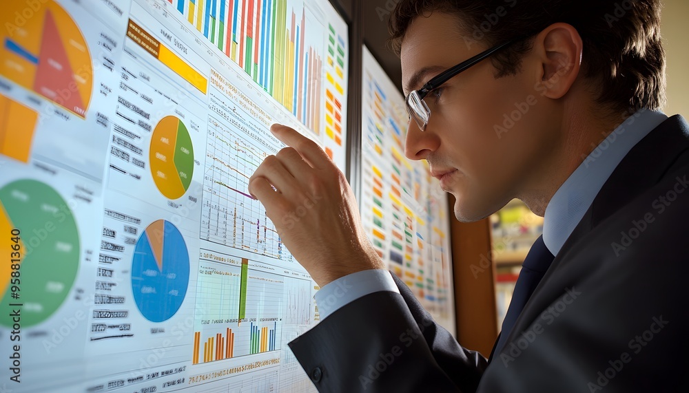 Poster a man in a suit analyzing data on a computer screen