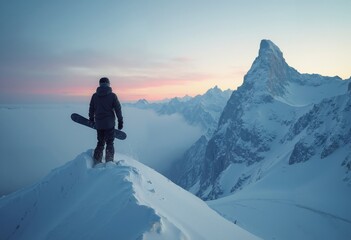 Winter snowboarder adventurer stands atop snow-covered summit, taking in breathtaking mountain views at dusk