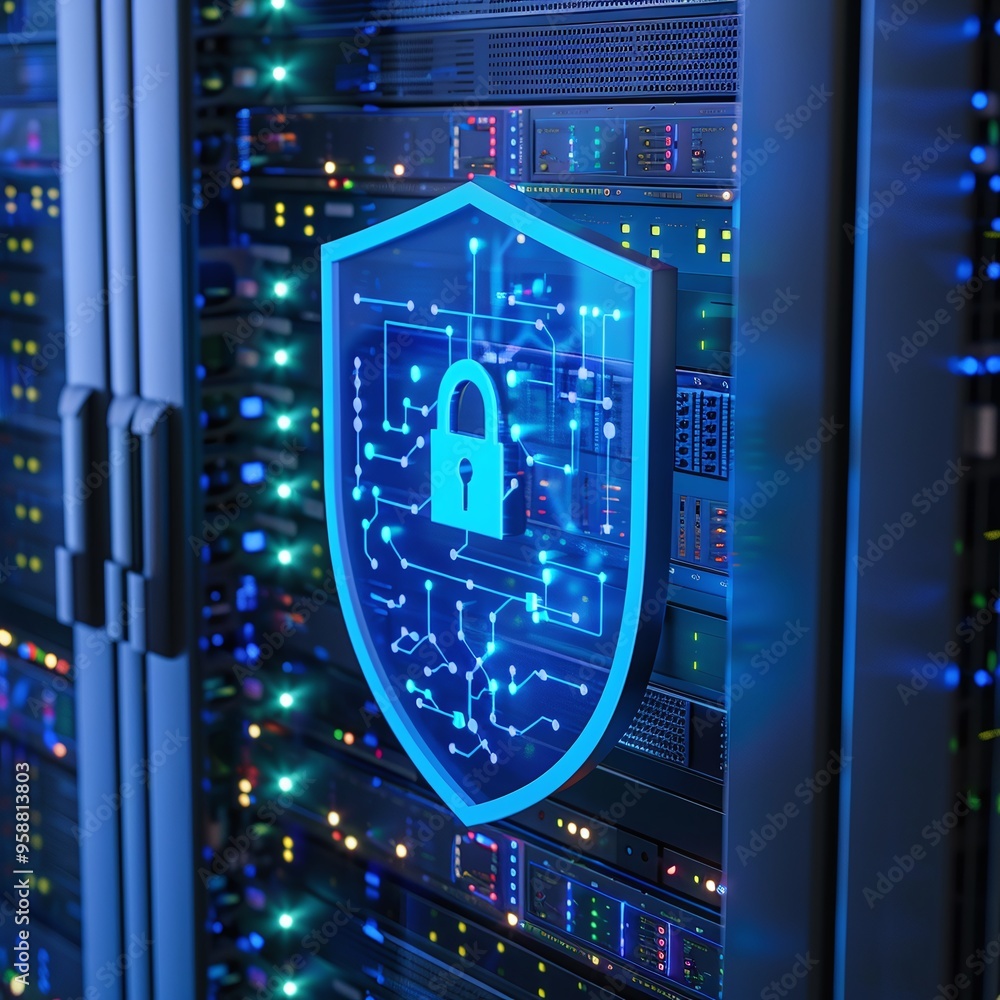Poster secure server room with blue shield and digital lock icon, representing cybersecurity and data prote