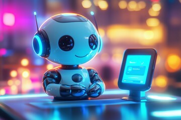 Friendly AI Chatbot at Work, AI assistant, artificial intelligence, 3D robot, customer service bot, futuristic tech, chatbot interface, friendly robot, tech assistant, digital assistant