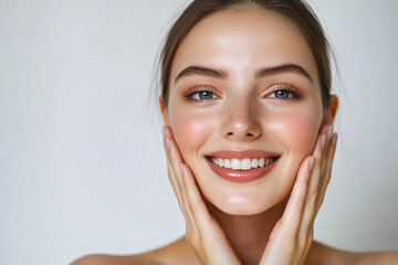 A beautiful woman close-up, facial skin care display