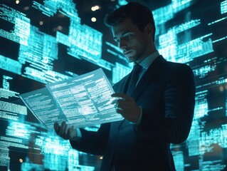 Fototapeta premium A focused businessman analyzing data in a futuristic digital environment, showcasing technology and innovation in the workplace.