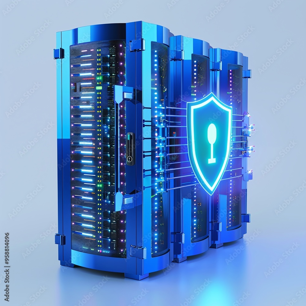 Poster secure server with data protection, featuring a blue shield symbol representing cybersecurity and ad